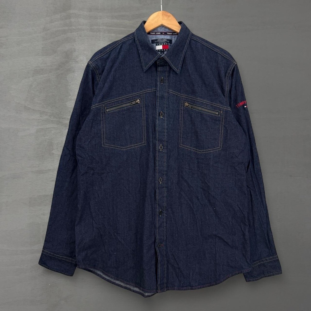 Y2K Tommy Jeans Denim Button Down Shirt Dark Wash Zip Pockets Size Large